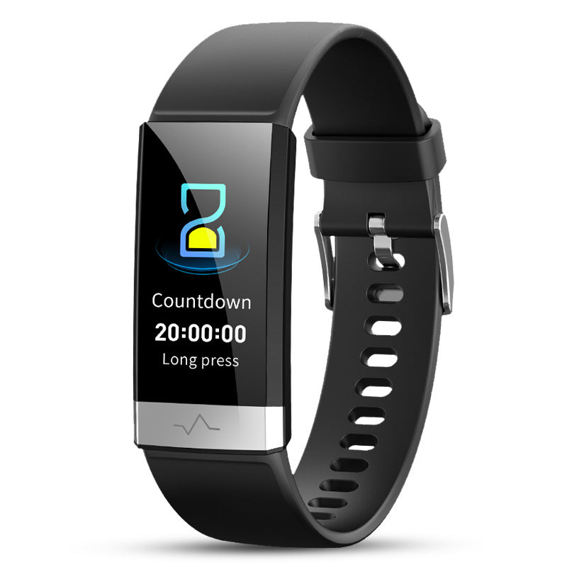 Schwarzes V19 Smart-Armband von Mein Shop mit digitalem Display und Fitness-Tracking-Funktionen.