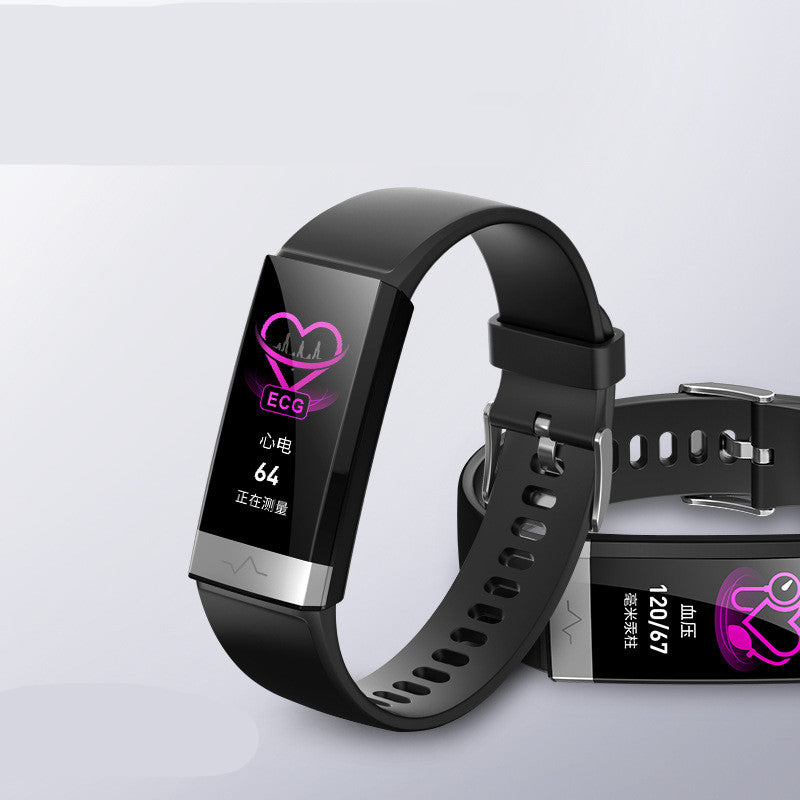 Schwarzes V19 Smart-Armband von Mein Shop mit Fitness-Tracker, Herzfrequenzsensor und digitalem Display.