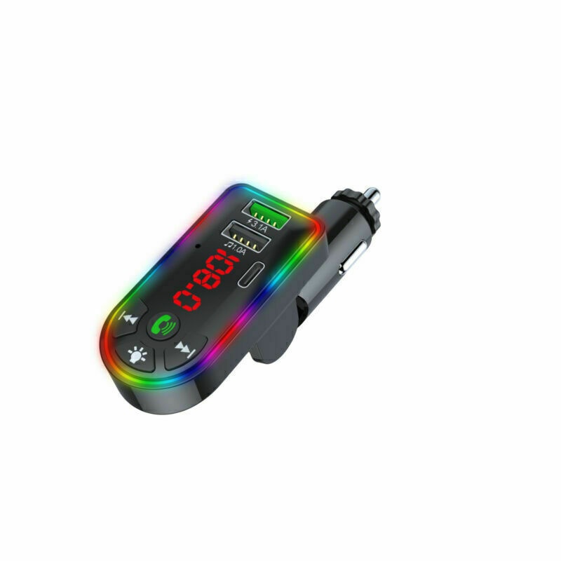 Bluetooth 5.0 MP3-Player und FM-Transmitter für Auto, mit USB-Ladegerät, Display und Bedienknöpfen, in schwarzer Farbe.