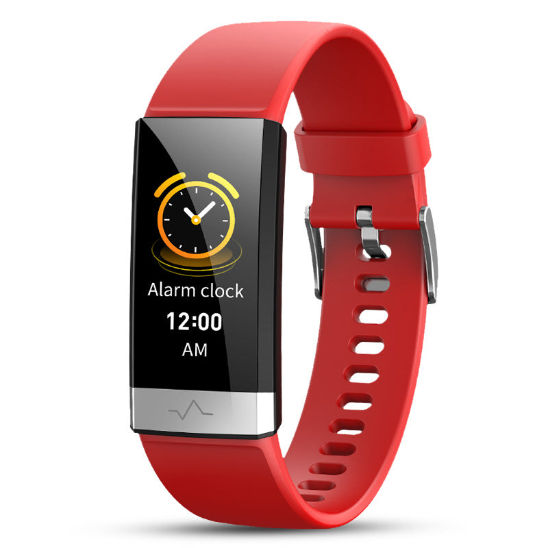 Schwarzes V19 Smart-Armband von Mein Shop mit digitalem Display und Fitness-Tracker-Funktionen, auf einem weißen Hintergrund.