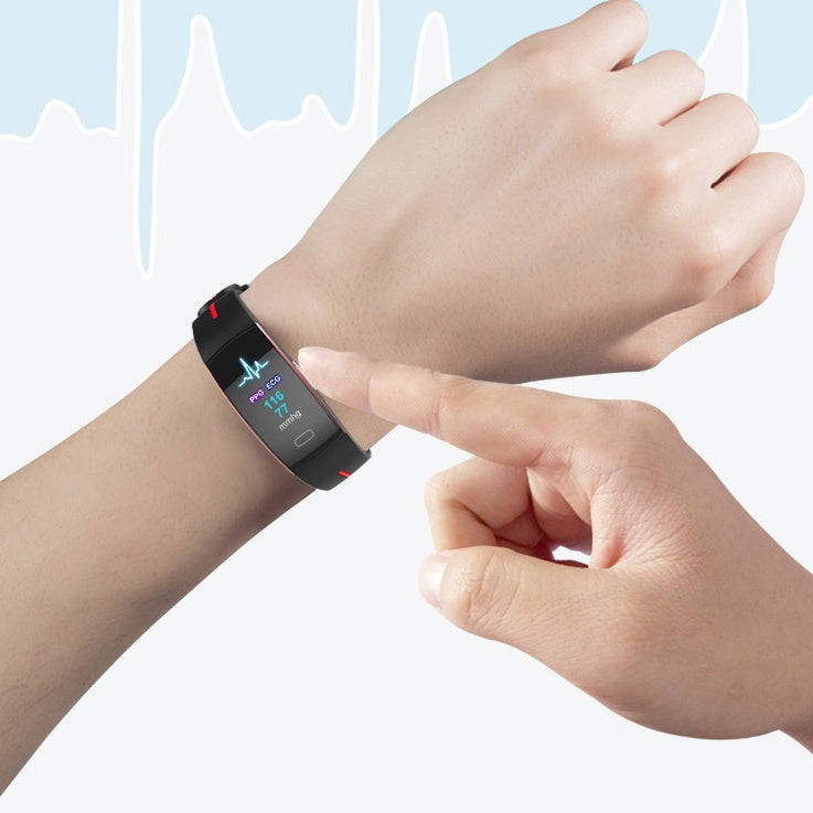 Schwarzes P3 Farbdisplay-Smartband von Mein Shop mit digitaler Uhr, Schrittzähler und Fitness-Tracking auf dem Bildschirm