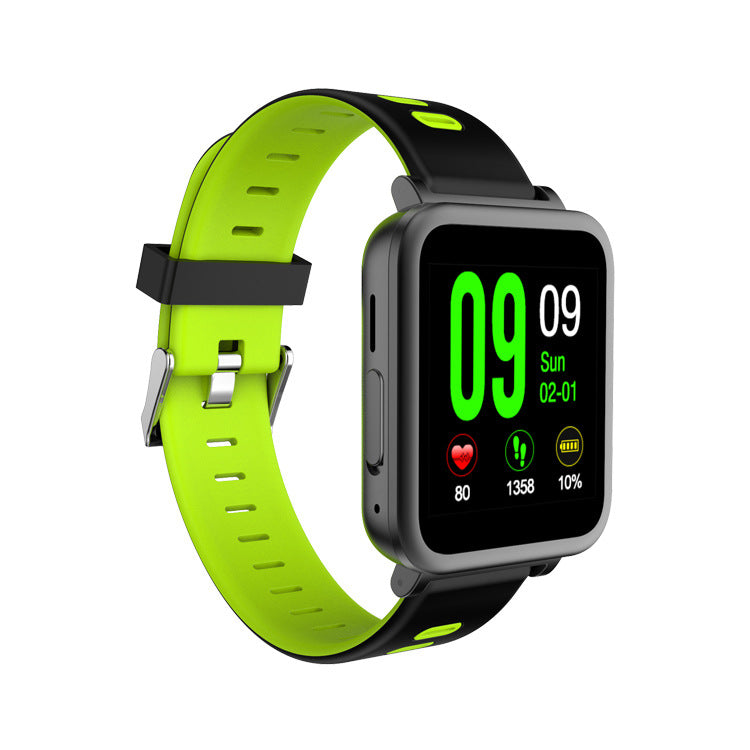Schwarze SN10 Smartwatch von Mein Shop mit Herzfrequenzmesser, Bluetooth-Anruf und Smart-Benachrichtigungen am Armband.