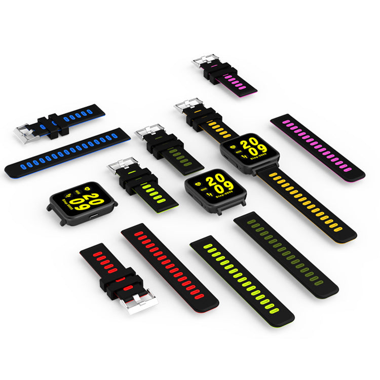 Schwarze SN10 Smartwatch von Mein Shop mit Bluetooth, Herzfrequenzmesser und Smart-Reminder auf dem Armband sichtbar