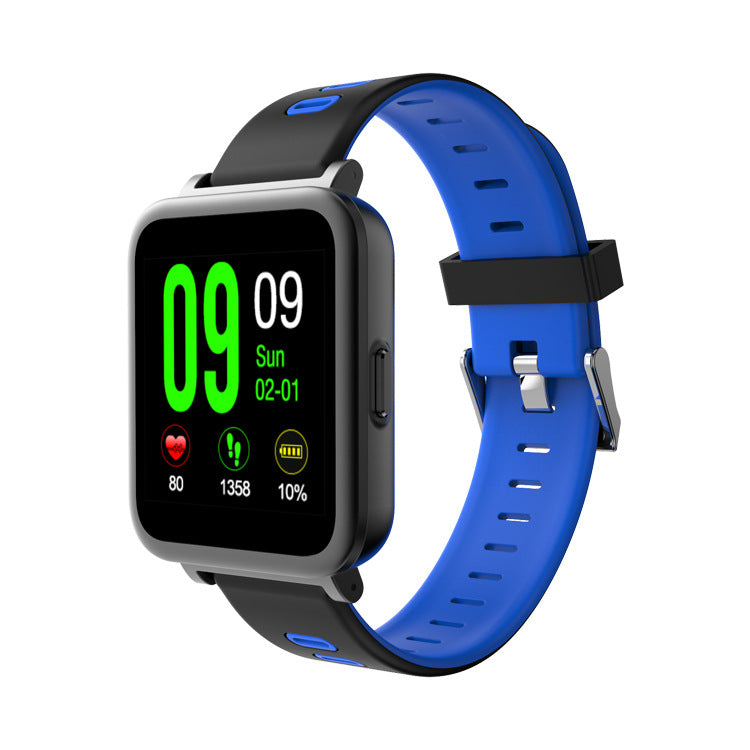 Schwarze SN10 Smartwatch von Mein Shop mit Herzfrequenzmesser, Bluetooth-Anruf und Smart-Benachrichtigungen am Armband.