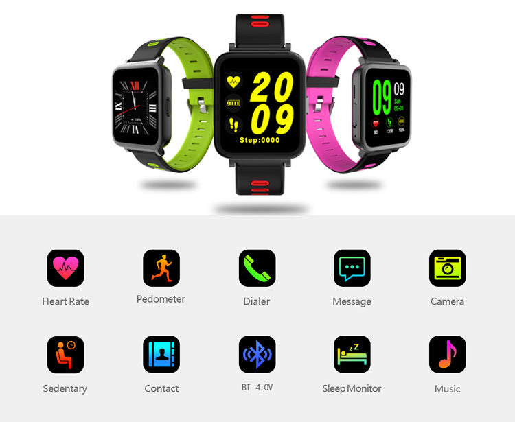 Schwarze SN10 Smartwatch von Mein Shop mit Herzfrequenzmessung, Bluetooth-Anruf und Smart-Reminders auf dem Display.