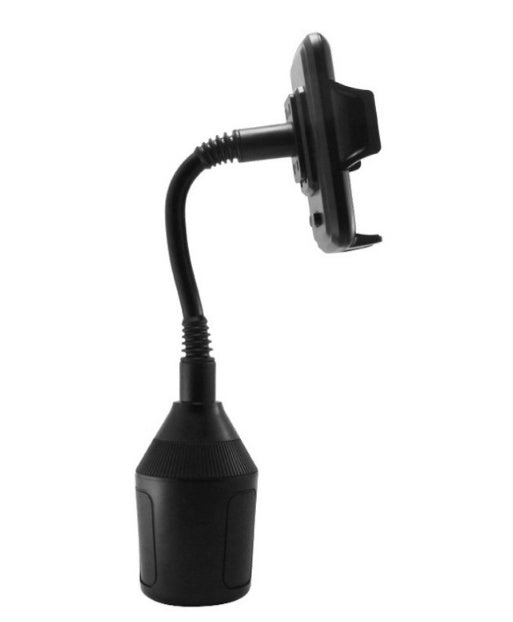 Autohalter für Trinkflasche und Handy, Modell 090-080B, in grau, in einem Auto montiert, zeigt flexibles Befestigungssystem.