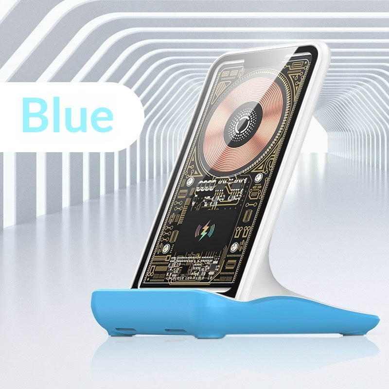 Drahtloses Schnellladegerät-Ständer für Smartphones von Mein Shop, zeigt ein modernes Ladegerät mit Smartphone im Halter.