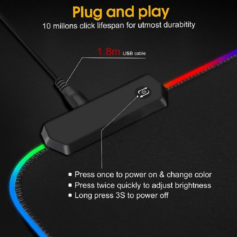 Luminous RGB Gaming-Mauspad, große Größe, bunter Lichteffekt, rutschfest, dicker Schaumstoff, für PC-Gaming, schwarz